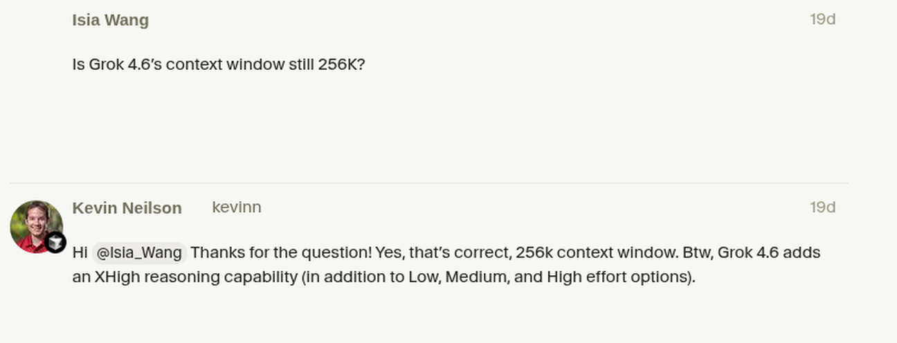 Cursor 스태프가 Grok 4.6 컨텍스트 256k라고 확인